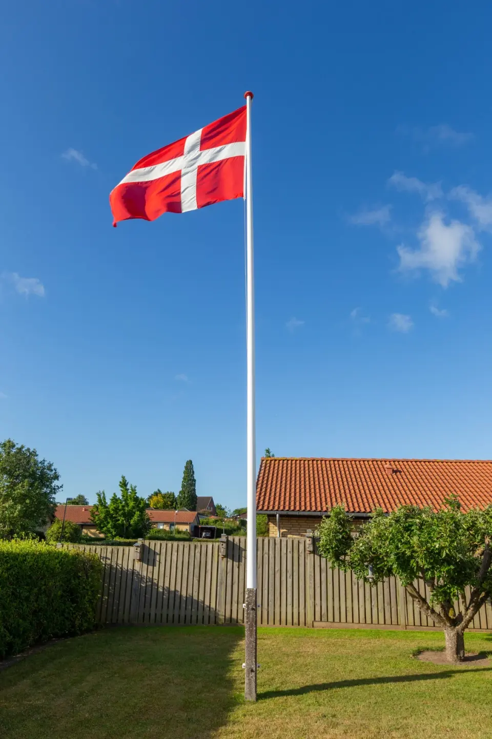 Dannebrog på flagstangen over haven på festdagen